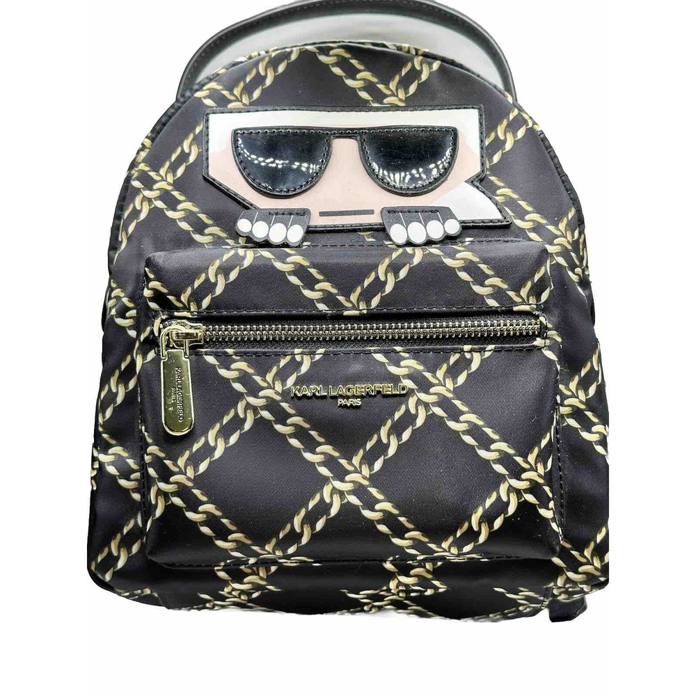 Karl Lagerfeld Paris Amour Mini Backpack Nylon Black Gold Chain Pattern NWT